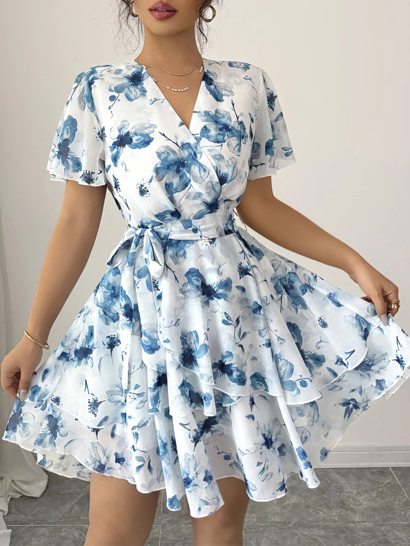 Printed Surplice Layered Mini Dress - Eaira