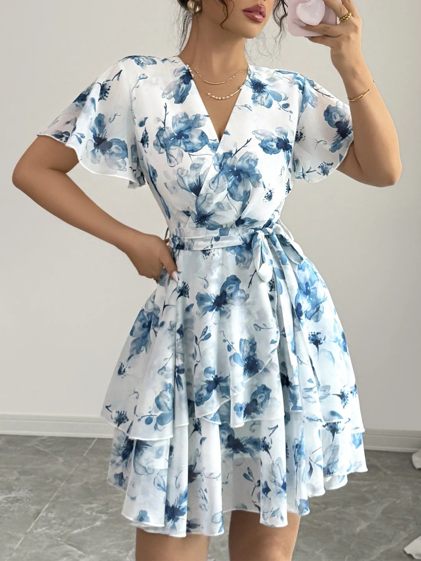Printed Surplice Layered Mini Dress - Eaira