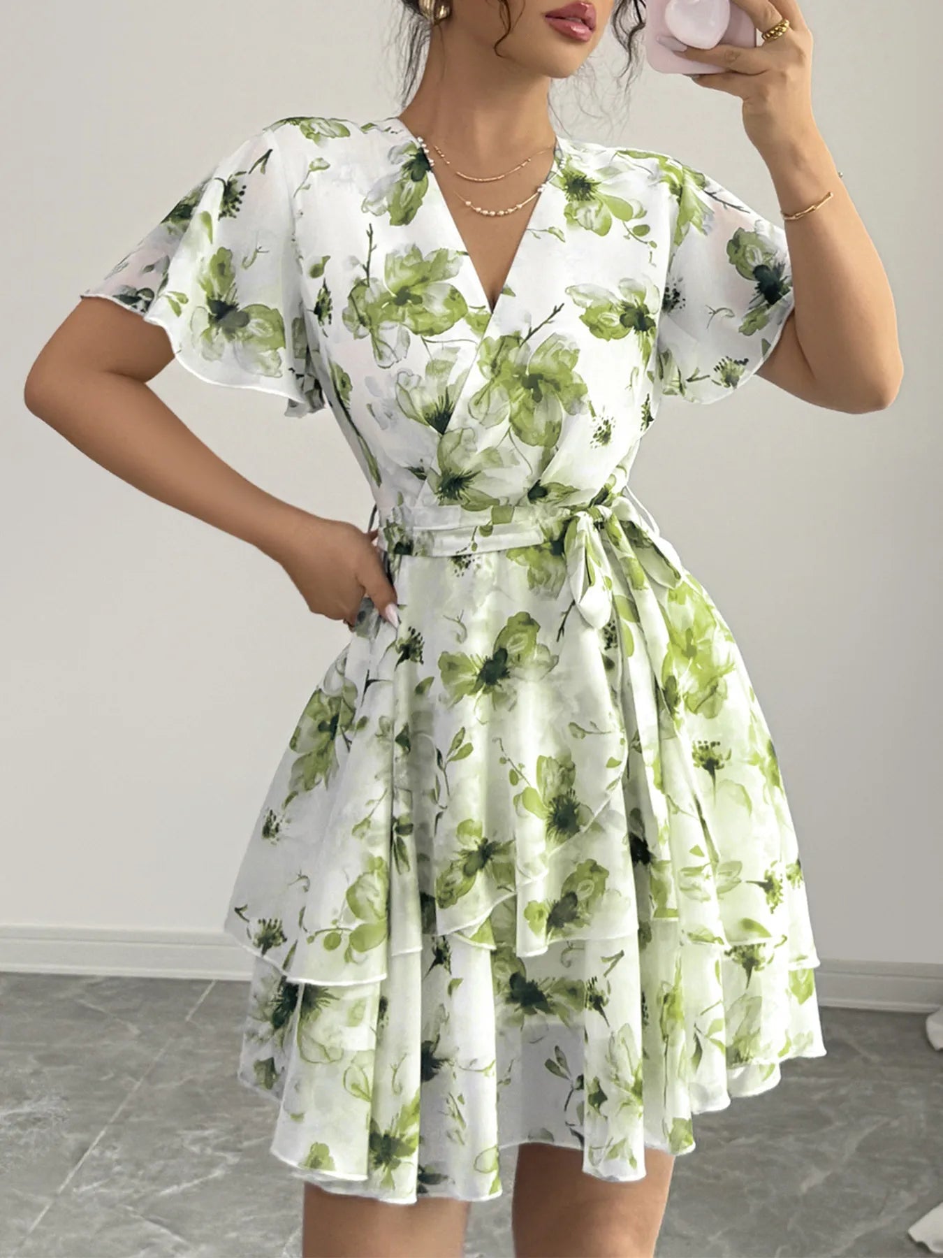 Printed Surplice Layered Mini Dress - Eaira