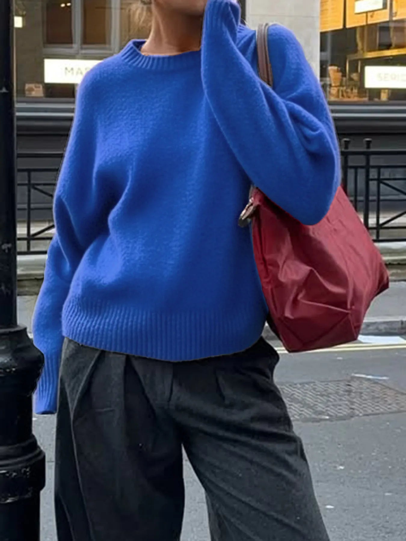 Ribbed Crewneck Drop Shoulder Sweater - Eaira
