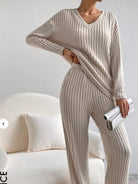 Ribbed Knit Long Sleeve Top and Pants Set - Eaira