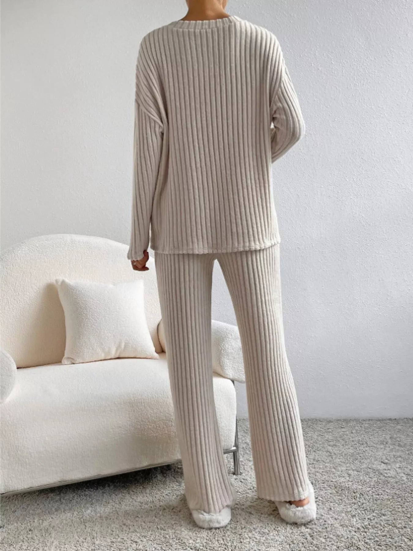 Ribbed Knit Long Sleeve Top and Pants Set - Eaira