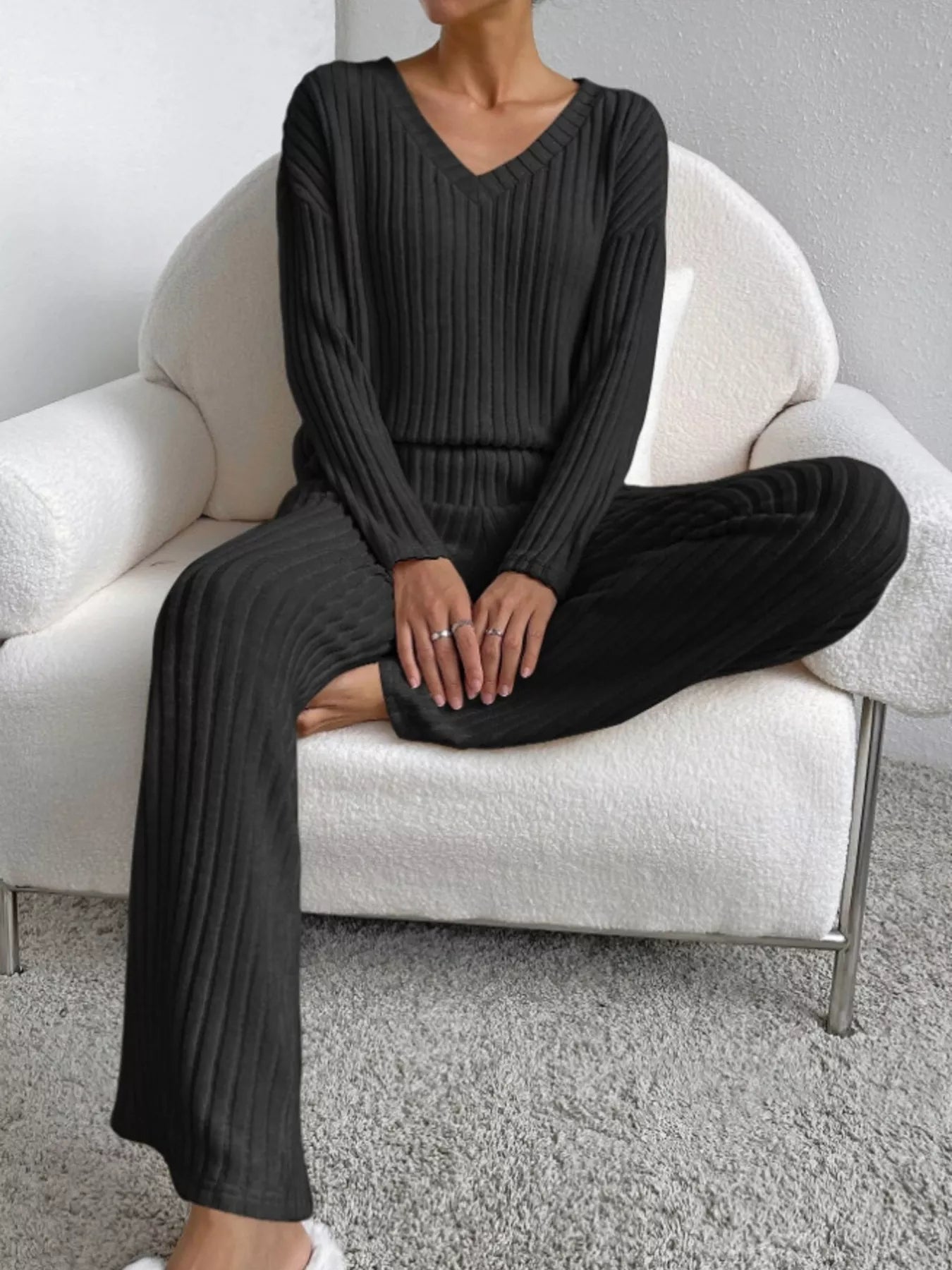 Ribbed Knit Long Sleeve Top and Pants Set - Eaira