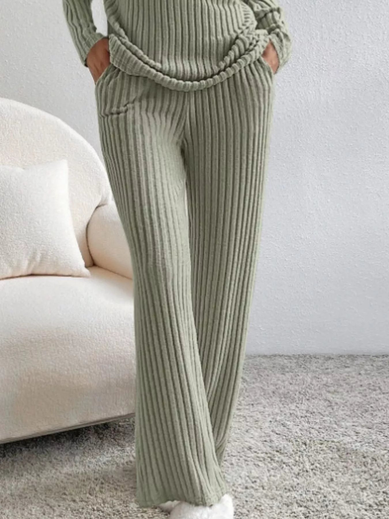 Ribbed Knit Long Sleeve Top and Pants Set - Eaira