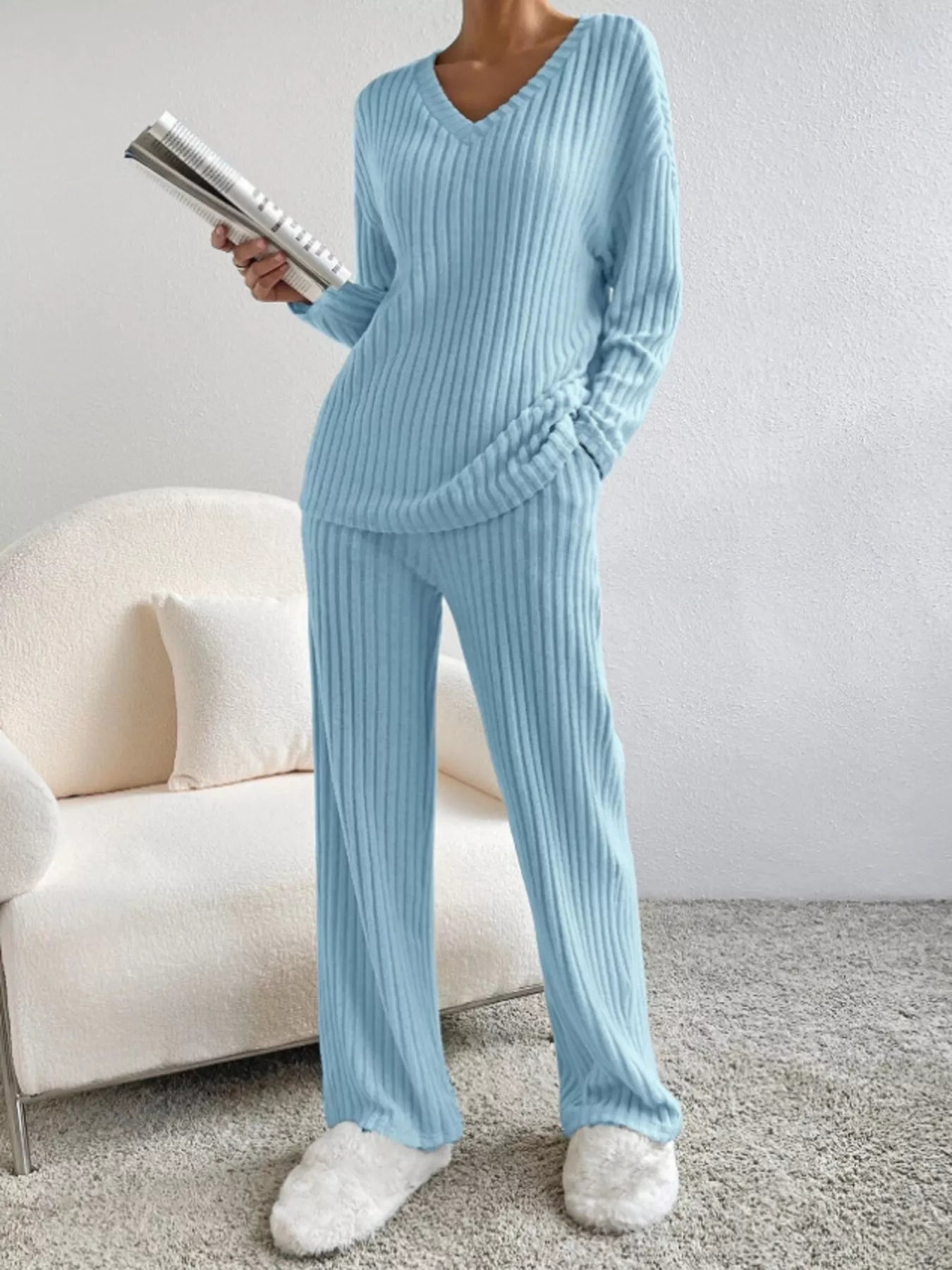 Ribbed Knit Long Sleeve Top and Pants Set - Eaira