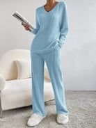 Ribbed Knit Long Sleeve Top and Pants Set - Eaira