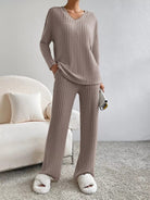 Ribbed Knit Long Sleeve Top and Pants Set - Eaira