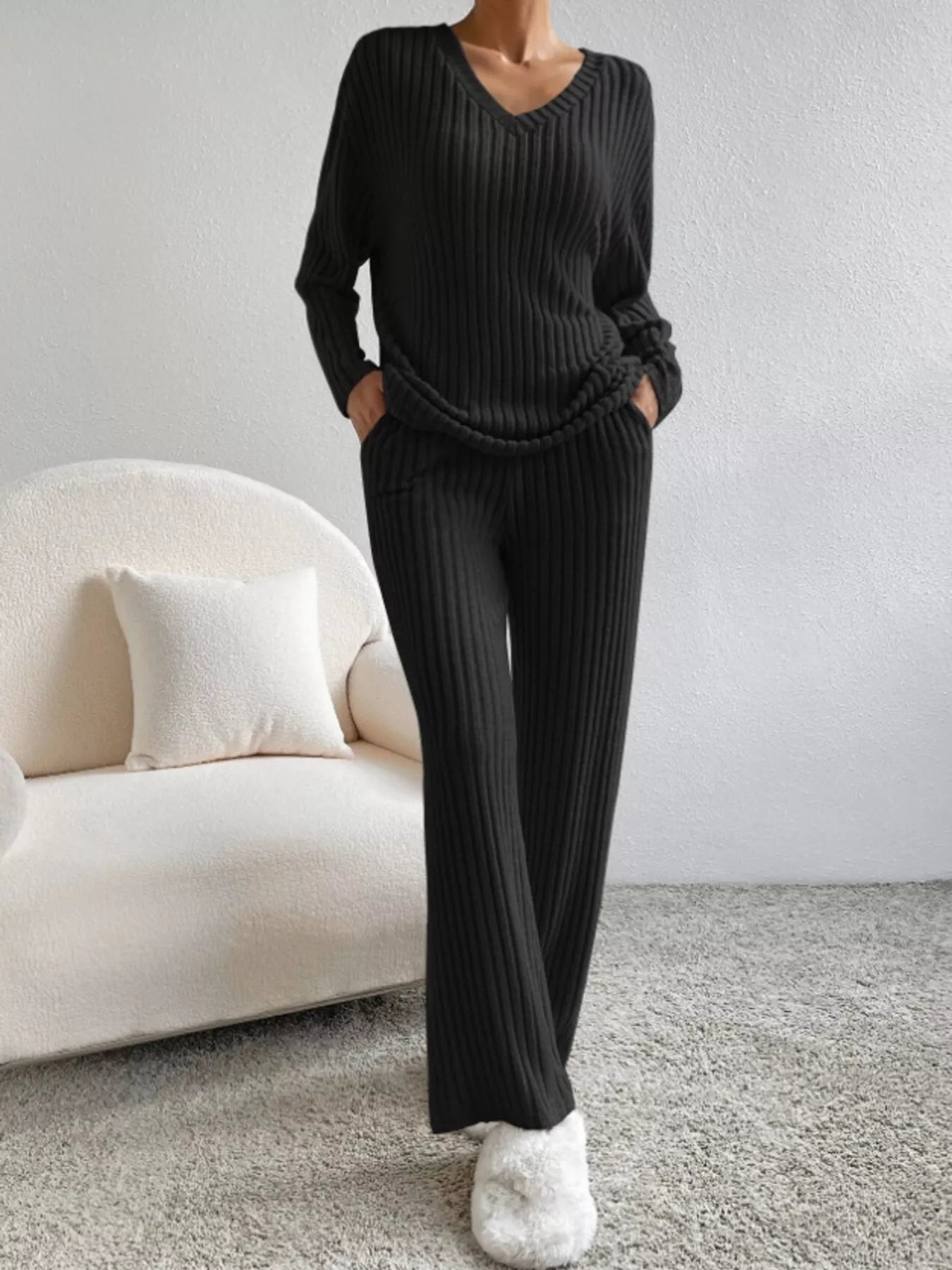 Ribbed Knit Long Sleeve Top and Pants Set - Eaira