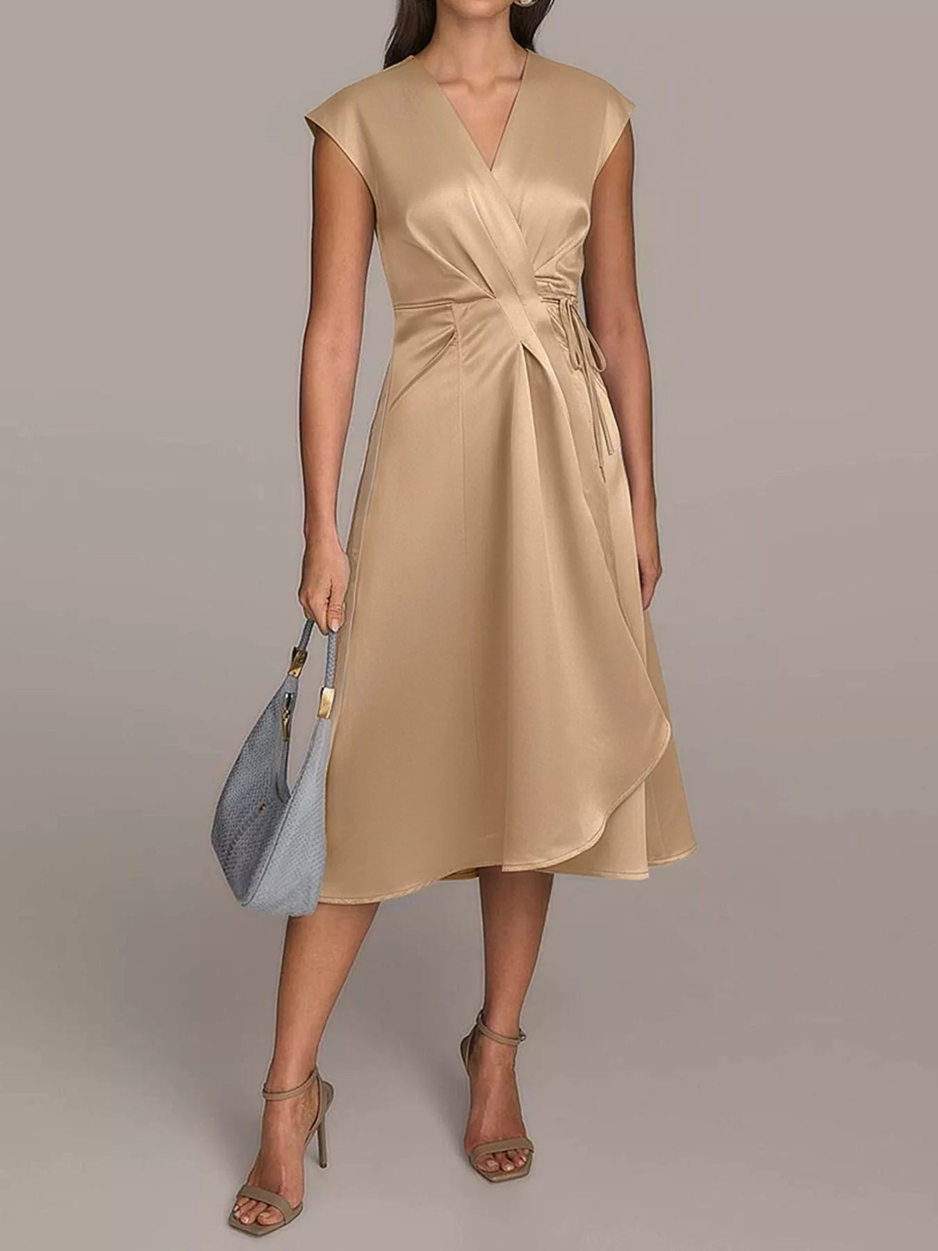 Satin Wrap Midi Dress with Pockets - Eaira