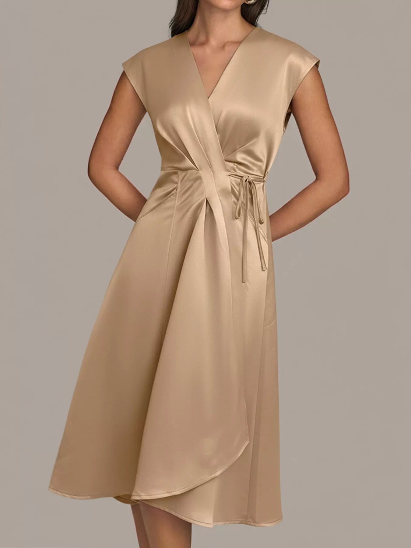 Satin Wrap Midi Dress with Pockets - Eaira