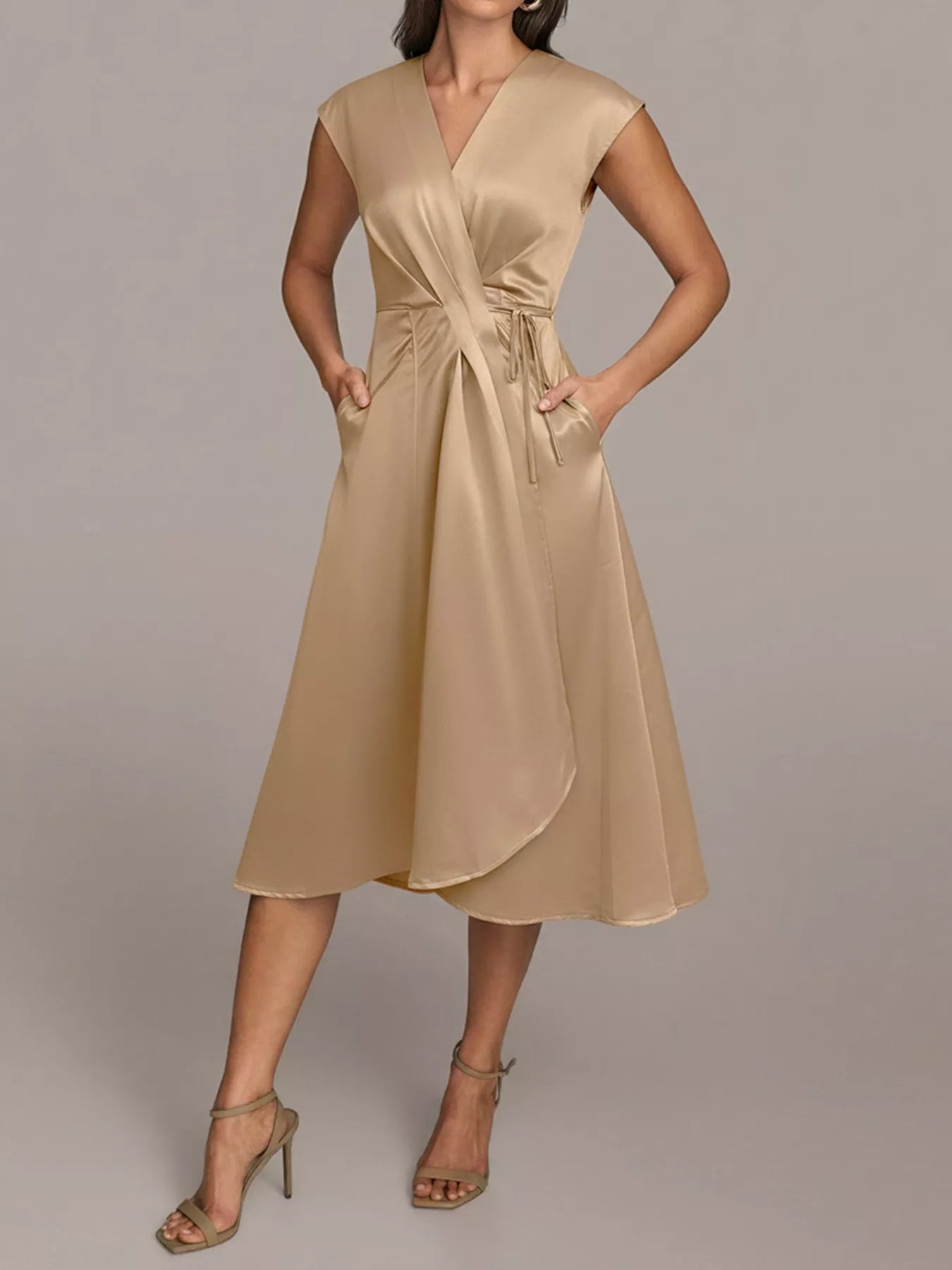 Satin Wrap Midi Dress with Pockets - Eaira