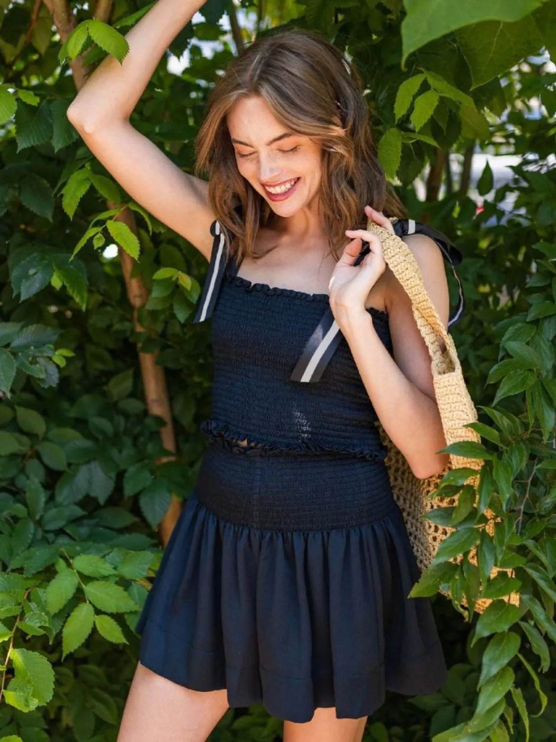 Smocked Tie Shoulder Top and Mini Skirt Set - Eaira