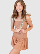 Smocked Tie Shoulder Top and Mini Skirt Set - Eaira
