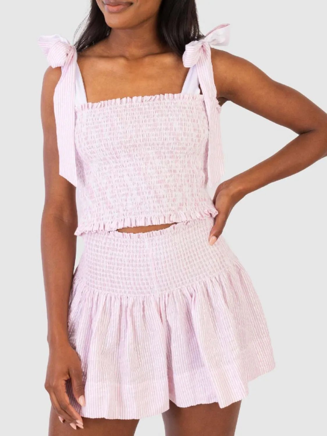 Smocked Tie Shoulder Top and Mini Skirt Set - Eaira