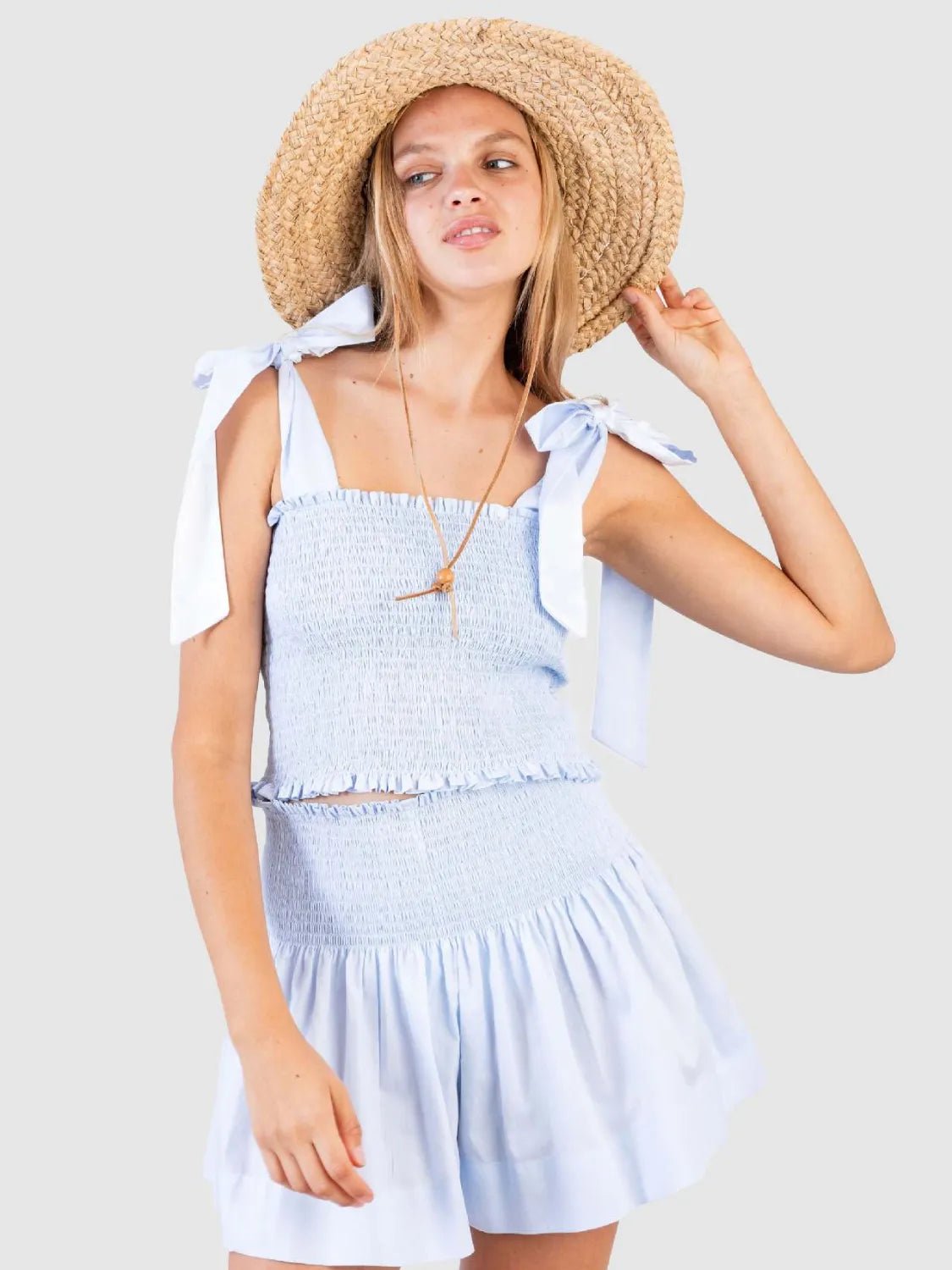 Smocked Tie Shoulder Top and Mini Skirt Set - Eaira