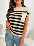 Striped Knit Pocket Detail Cap Sleeve Sweater - Eaira