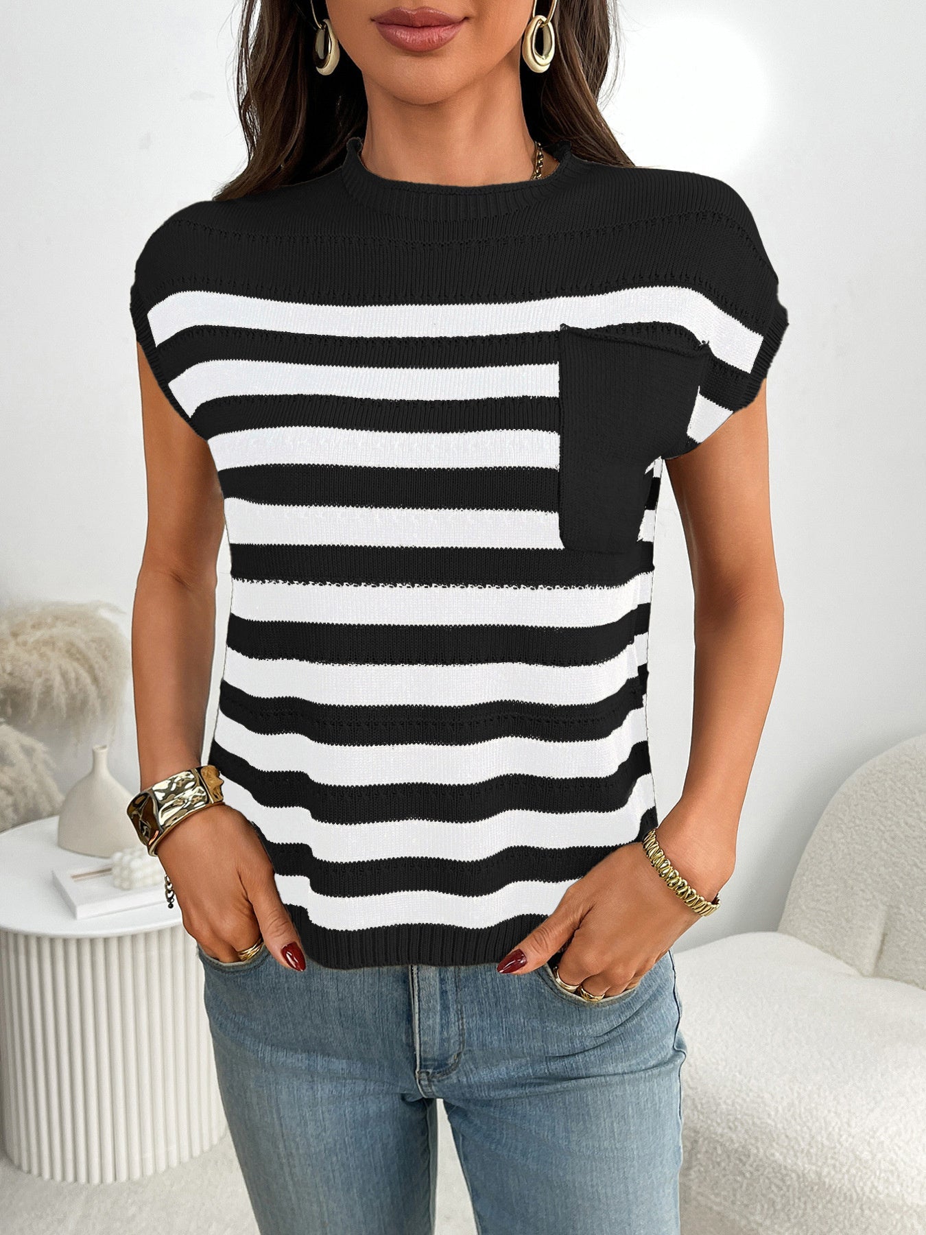 Striped Knit Pocket Detail Cap Sleeve Sweater - Eaira