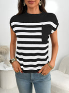 Striped Knit Pocket Detail Cap Sleeve Sweater - Eaira