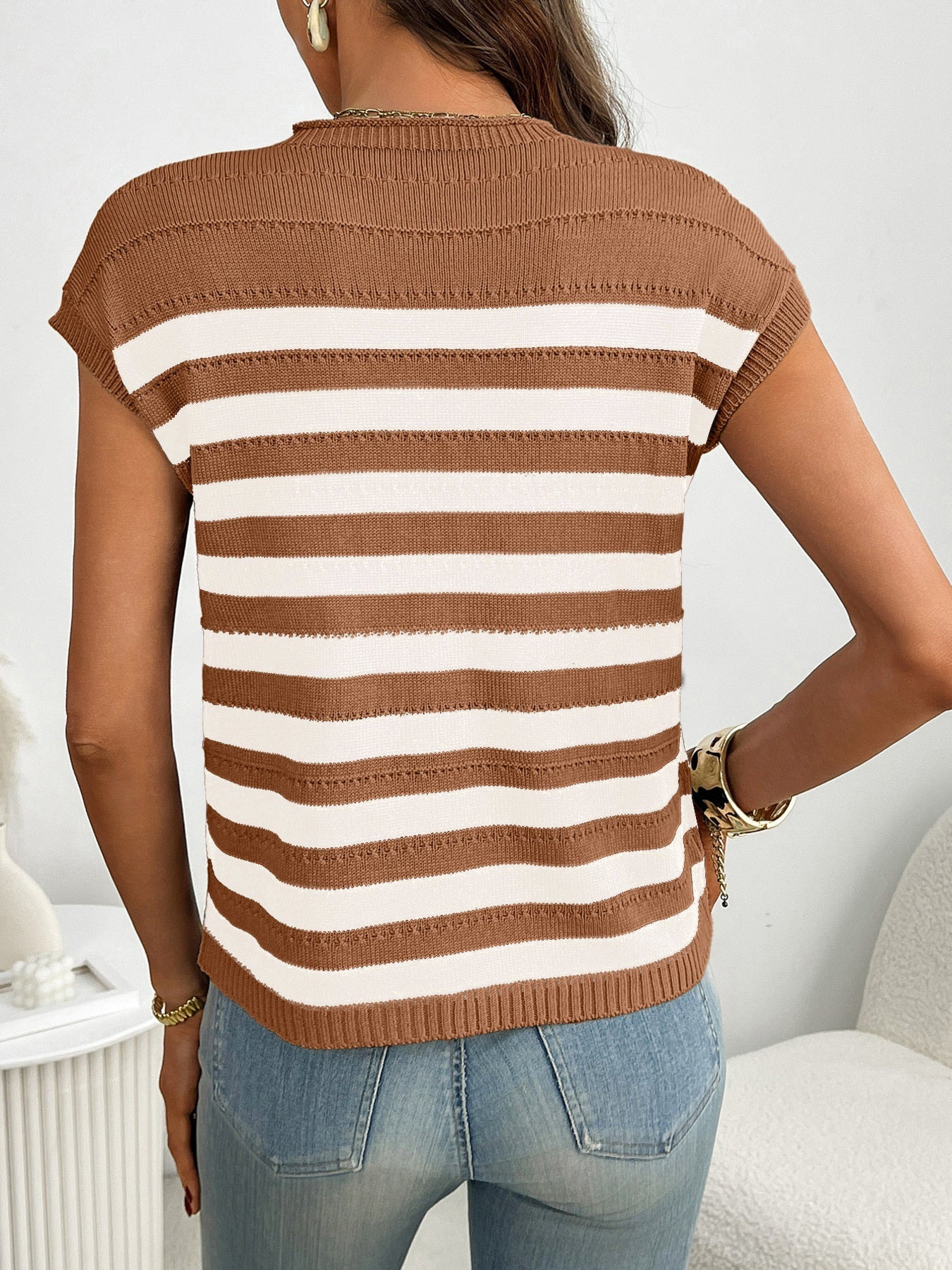 Striped Knit Pocket Detail Cap Sleeve Sweater - Eaira