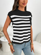 Striped Knit Pocket Detail Cap Sleeve Sweater - Eaira
