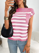 Striped Knit Pocket Detail Cap Sleeve Sweater - Eaira