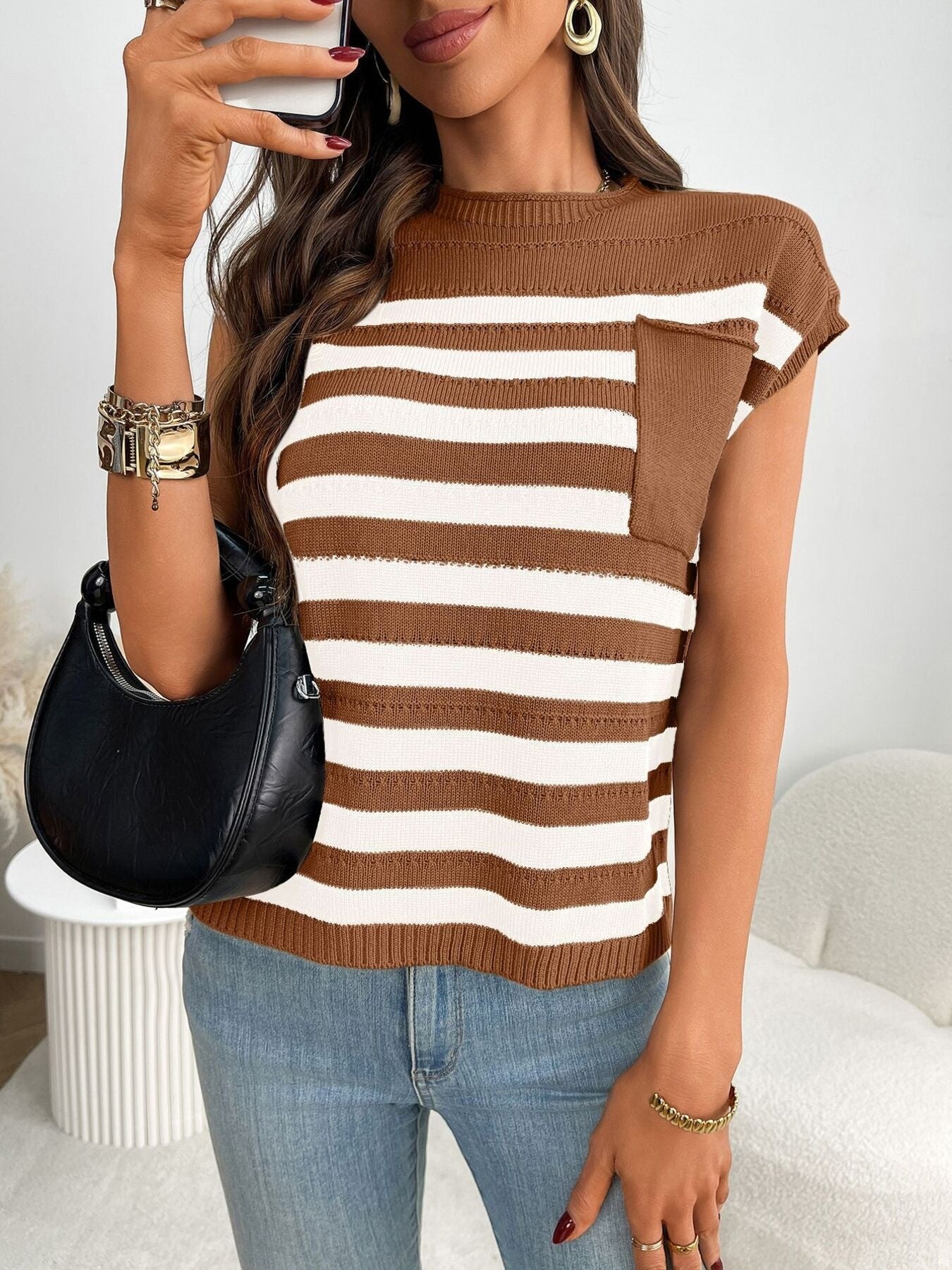 Striped Knit Pocket Detail Cap Sleeve Sweater - Eaira