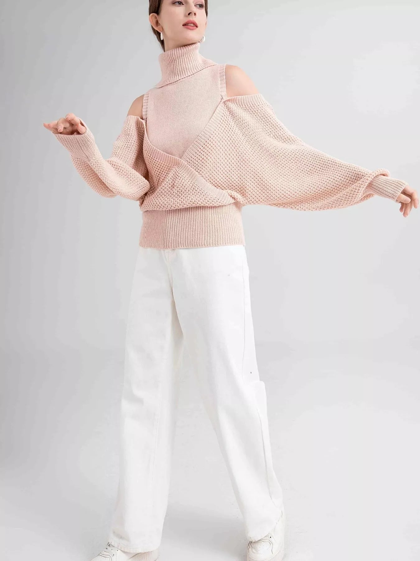Waffle Knit Cold Shoulder Turtleneck Sweater - Eaira