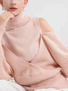 Waffle Knit Cold Shoulder Turtleneck Sweater - Eaira