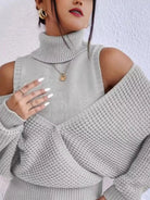 Waffle Knit Cold Shoulder Turtleneck Sweater - Eaira