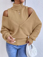 Waffle Knit Cold Shoulder Turtleneck Sweater - Eaira