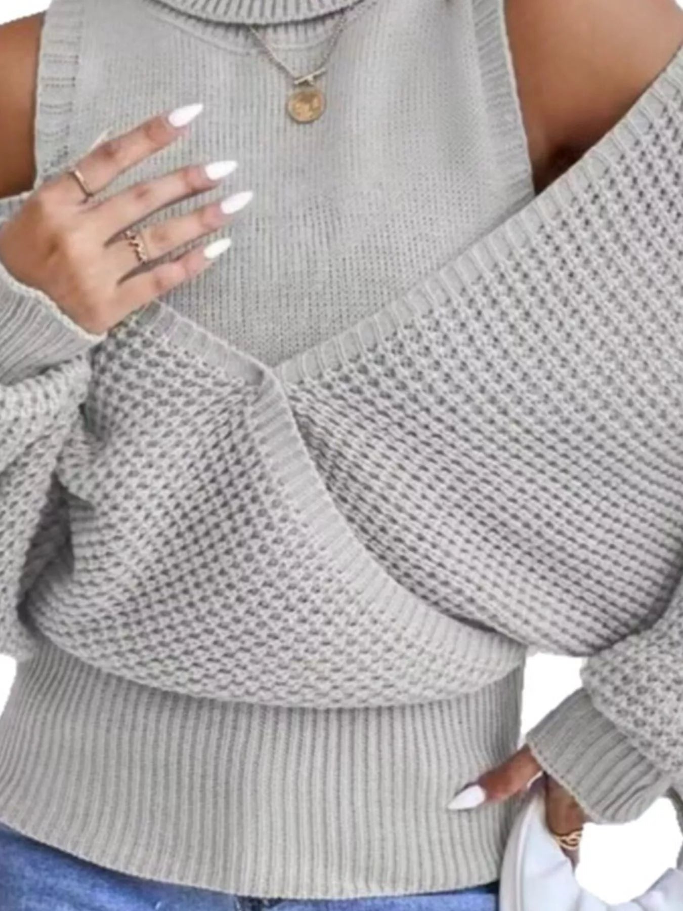 Waffle Knit Cold Shoulder Turtleneck Sweater - Eaira