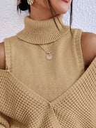 Waffle Knit Cold Shoulder Turtleneck Sweater - Eaira