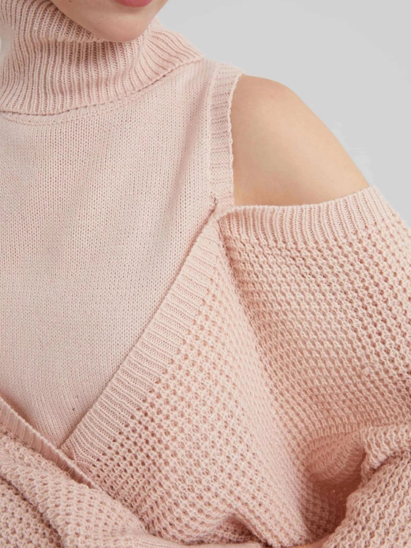 Waffle Knit Cold Shoulder Turtleneck Sweater - Eaira