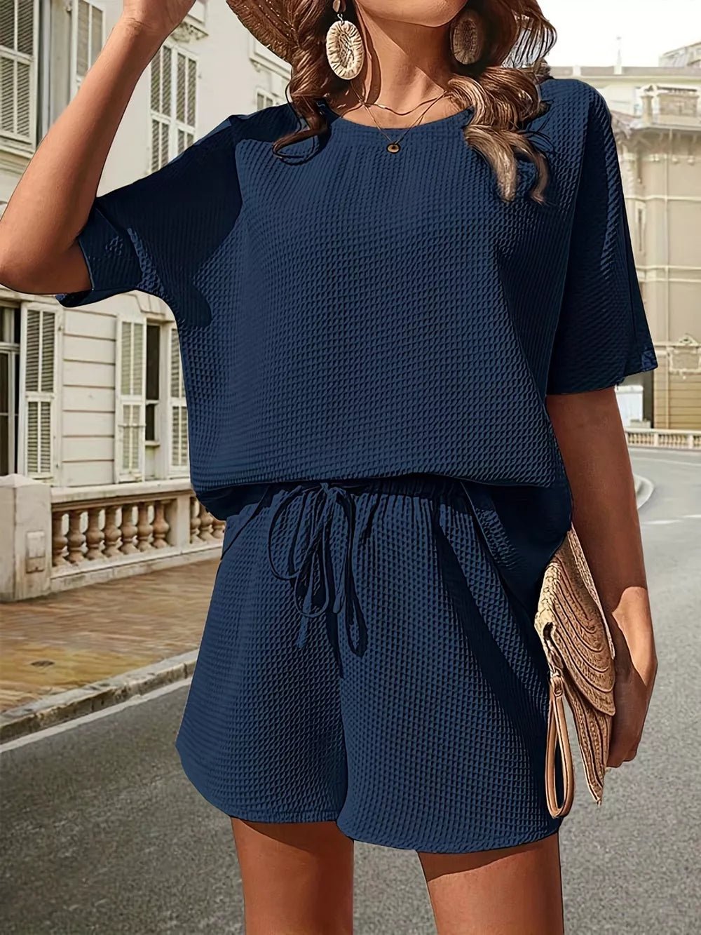 Waffle-Knit Half Sleeve Top and Shorts Set - Eaira