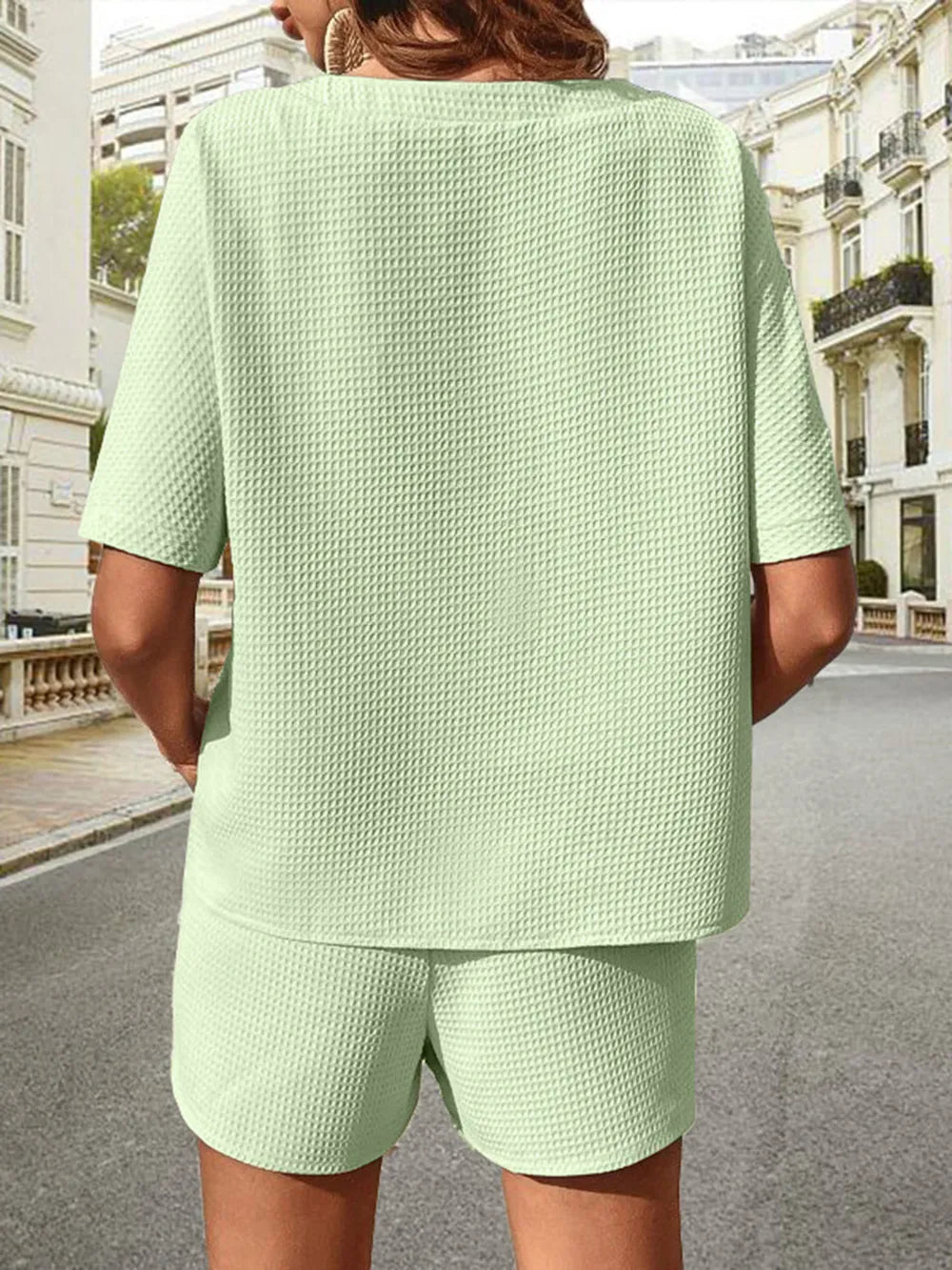 Waffle-Knit Half Sleeve Top and Shorts Set - Eaira