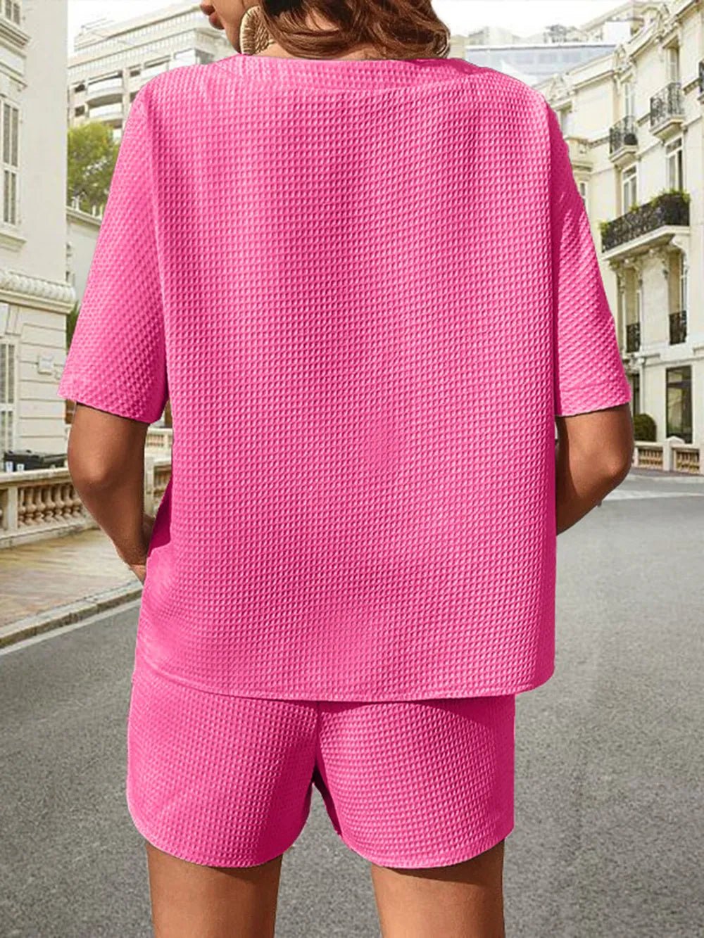 Waffle-Knit Half Sleeve Top and Shorts Set - Eaira