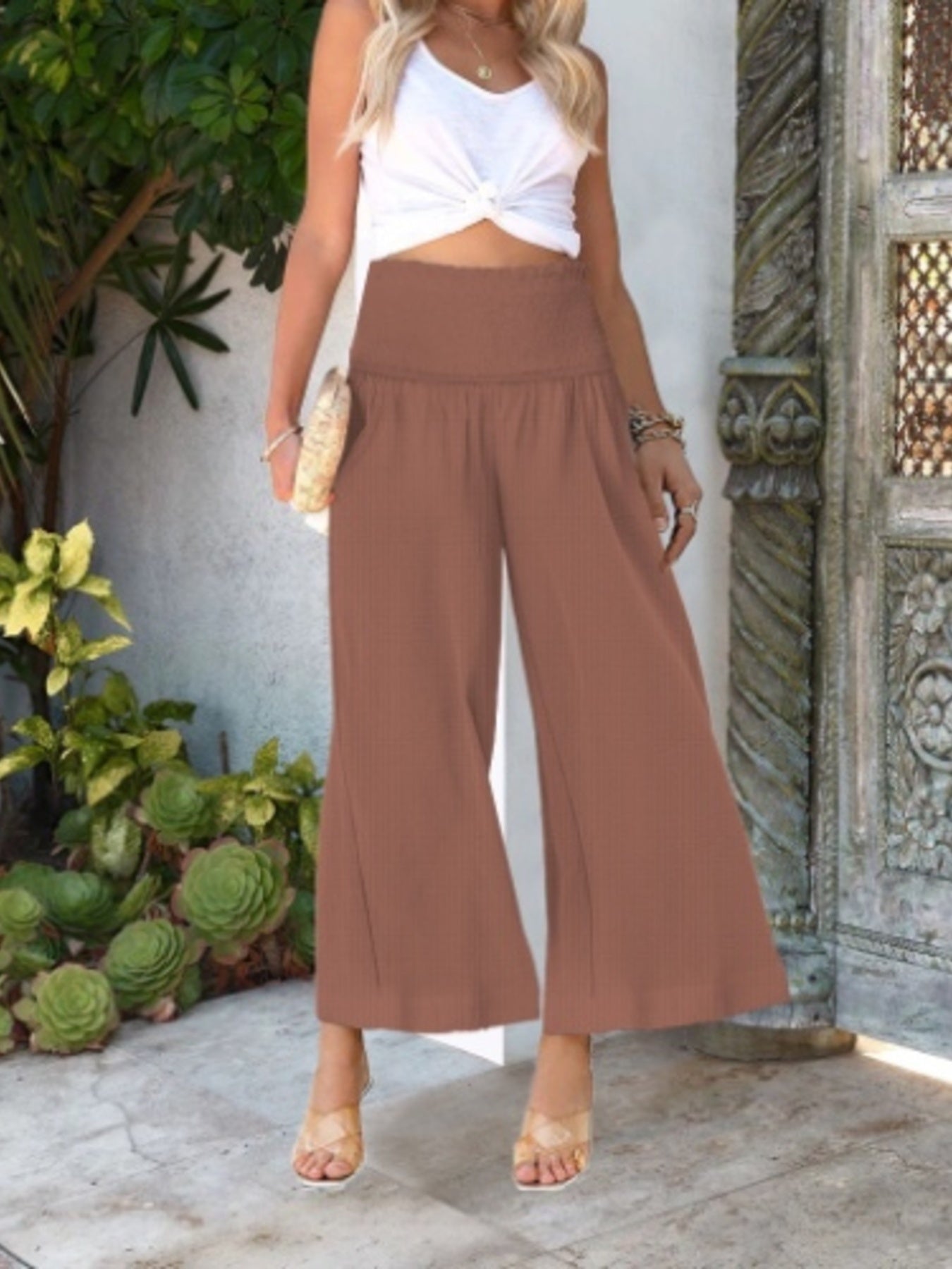 Wide-Leg Smocked Waist Pants - Eaira
