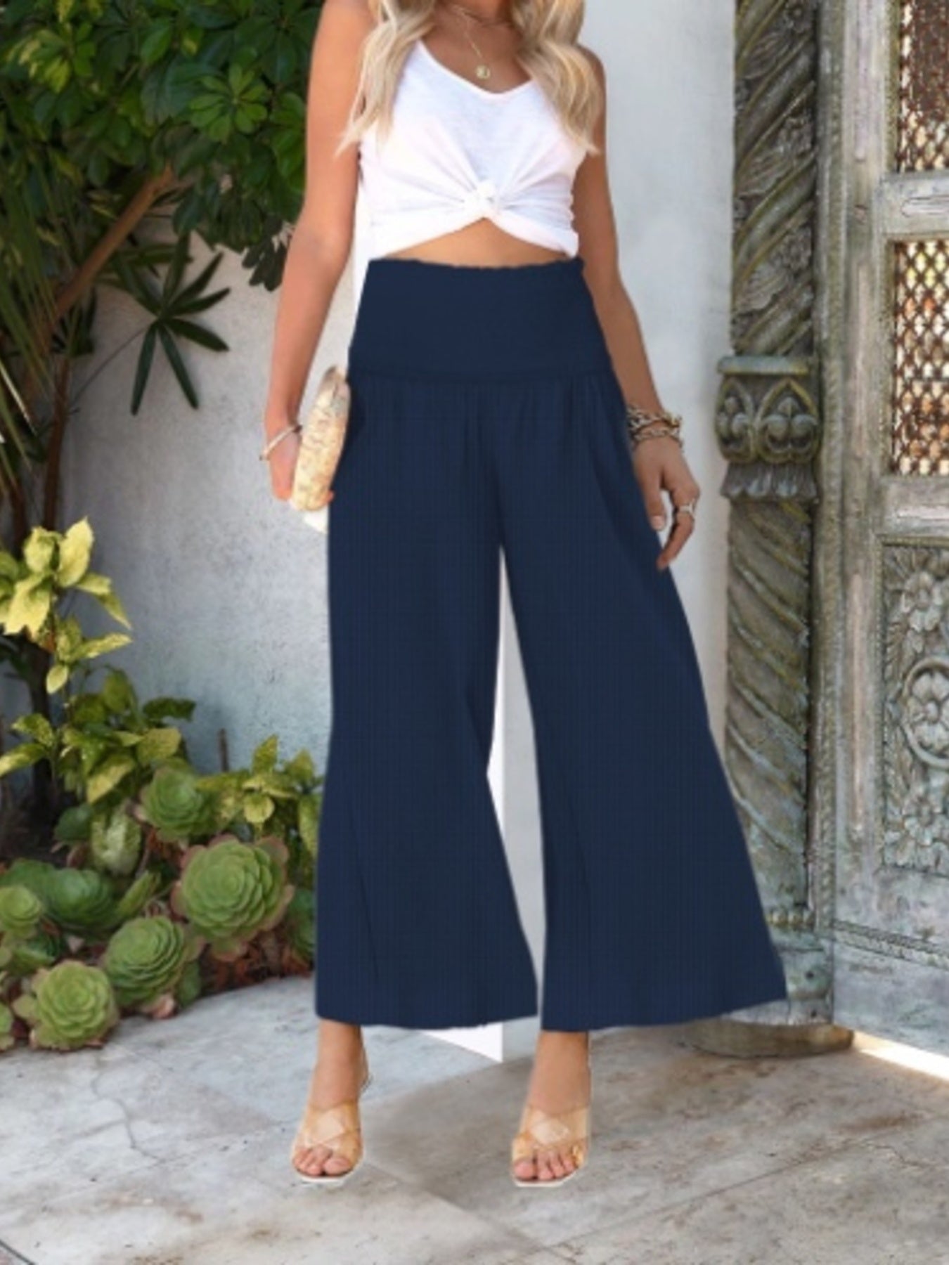Wide-Leg Smocked Waist Pants - Eaira
