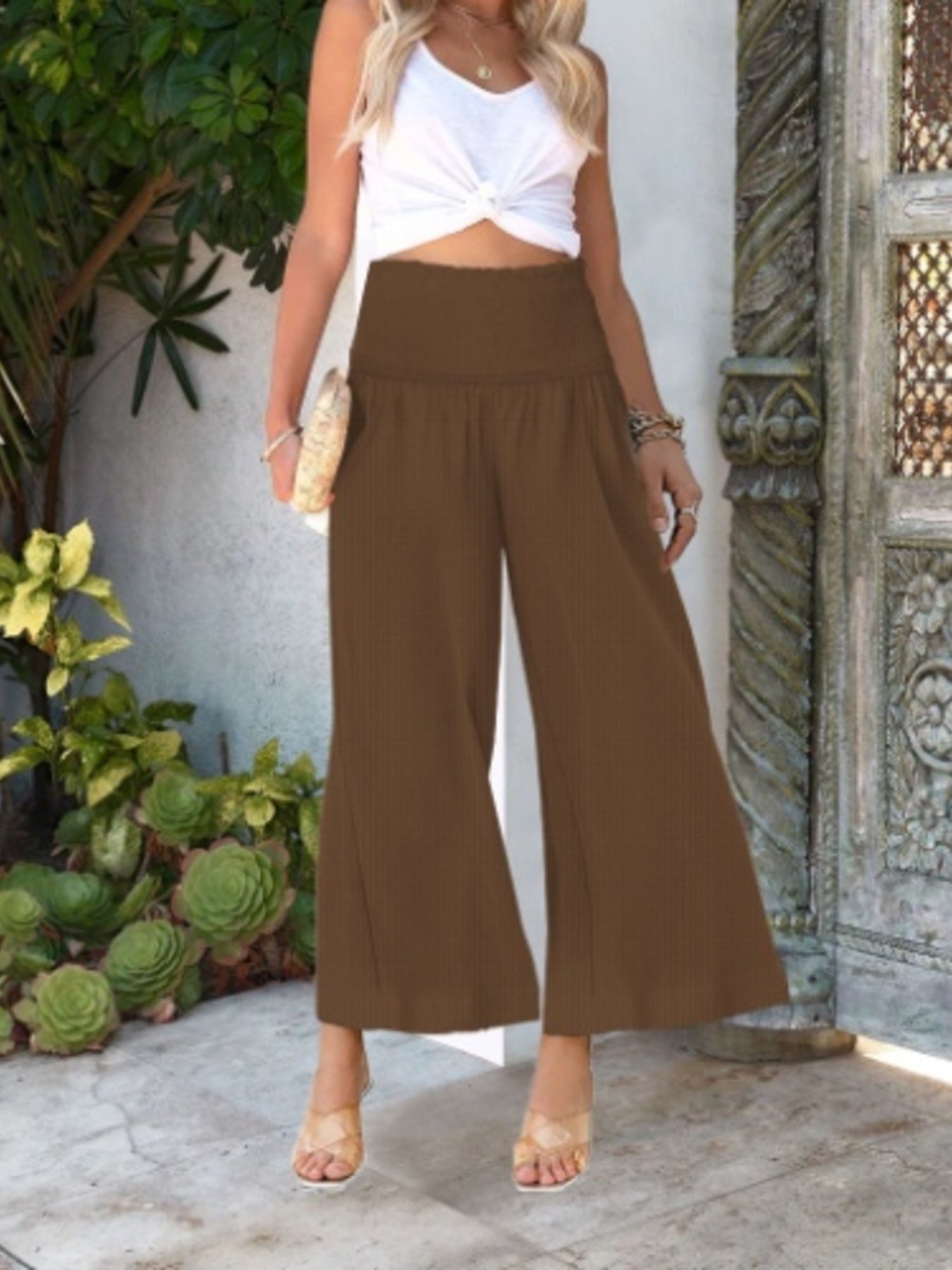 Wide-Leg Smocked Waist Pants - Eaira